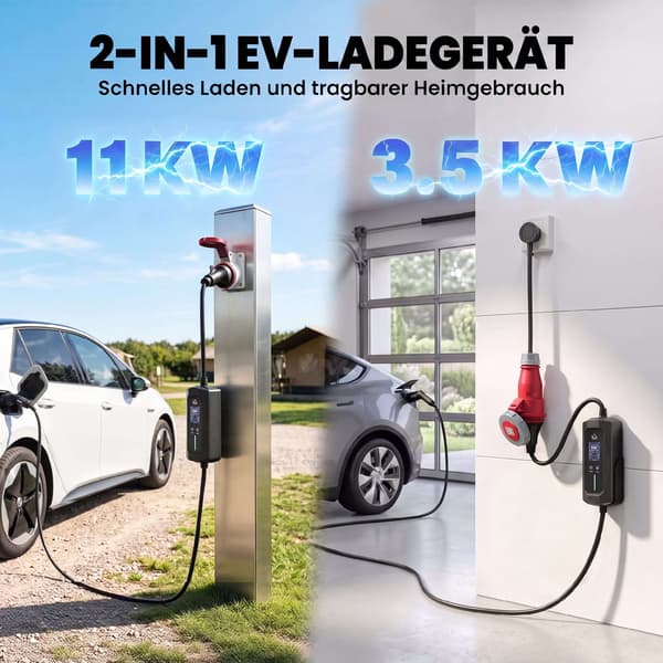 11kW Typ 2 elbilsladdare, 8m kabel, justerbar effekt