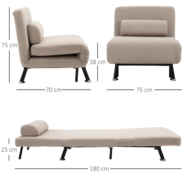 Sovestol, klapstol med sengefunktion, rygpude, klapstol i hørlook, justerbart ryglæn, bæreevne op til 150 kg, til stue, beige