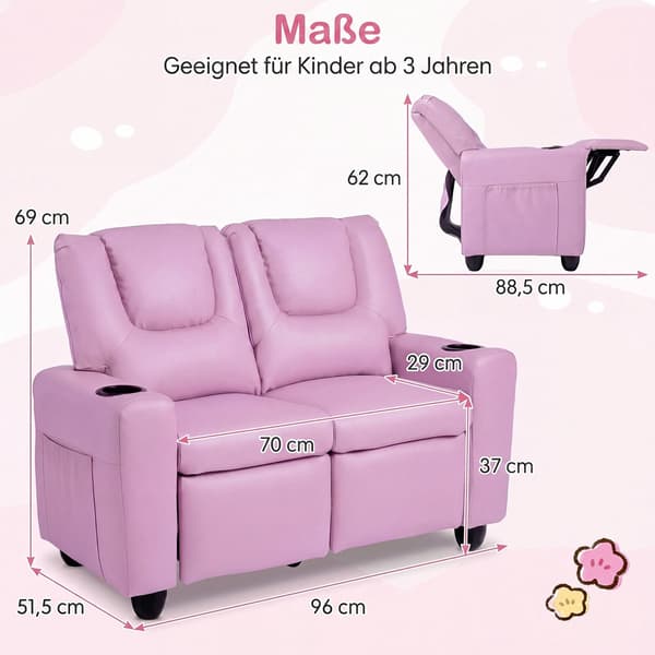 2-sits fåtöljsoffa med mugghållare för barn – rosa