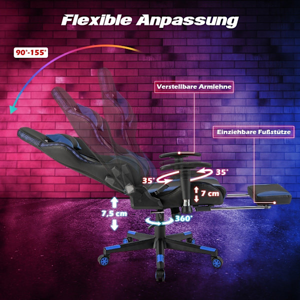 Gamingstol med RGB LED-lys og udtrækkelig fodstøtte Ergonomisk kontorstol Blå