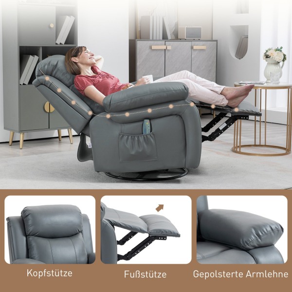 Relaxstol, Massagefunktion, Elektrisk Tv-Stol, 8 Vibrationshuvuden, Vippfunktion, Vridbar, Fjärrkontroll, Sidoficka, Konstläder, Grå
