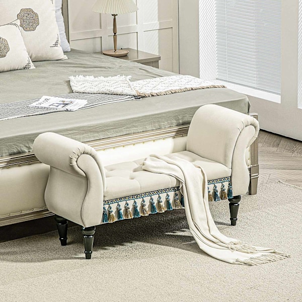 Polstret bænk soveværelse, med opbevaringsplads, armlæn, træben, vintage design, fløjl look, bæreevne 150 kg, 117 x 40 x 58 cm, beige