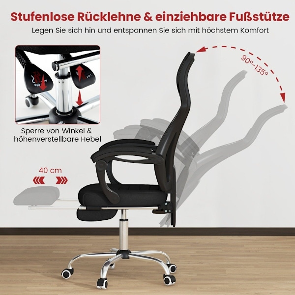 Ergonomisk kontorstol i mesh med fodstøtte og højdejusterbar lederstol med vippelig ryg