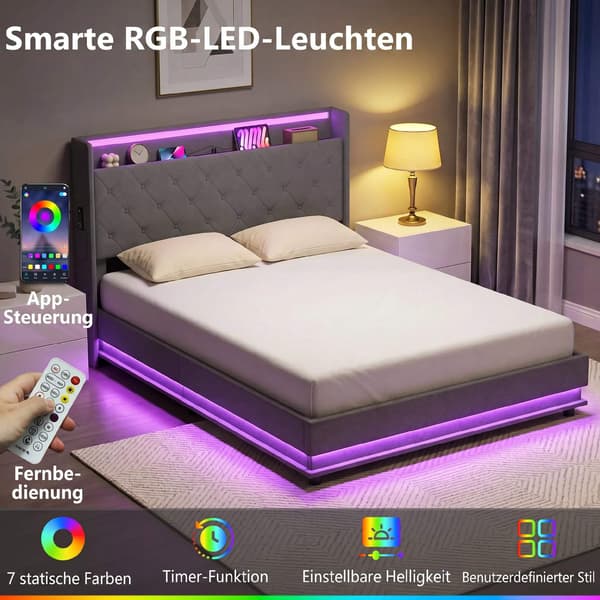 Platformssengestel 140x200 cm med opbevaring og LED-lys