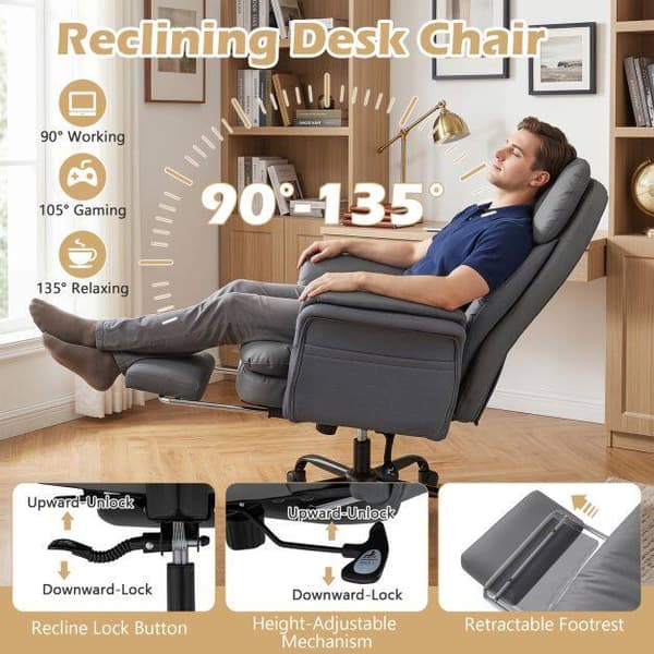 Ergonomisk kontorstol med krydsben og fodstøtte, grå