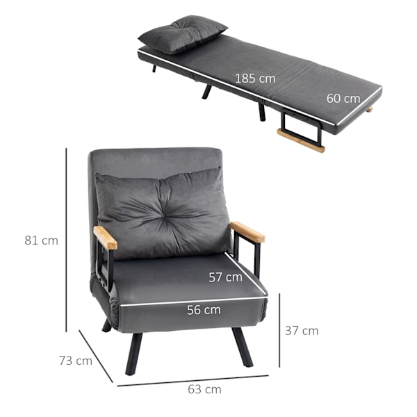 Sovestol, Enkelt Sofa Med Sengefunktion, Afslapningsstol Med Justerbart Ryglæn, Fløjlslook, Mørkegrå