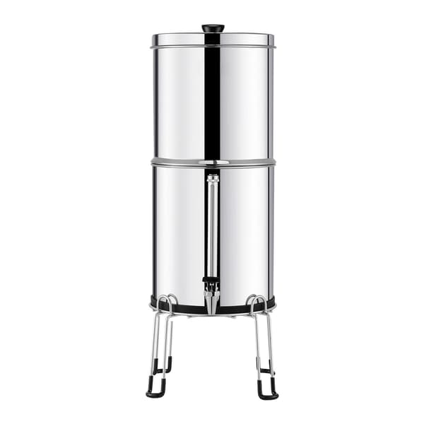 Gravitationsmatat vattenfilter, 2,25 gallon, rostfritt stål, 2 kolfilter