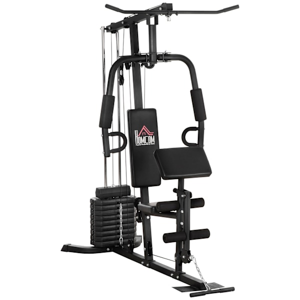 Multigym Fitness Station Med Lat Pull-Down Og Butterfly Bar Og 45 Kg Vægt Styrketræning Stål Imiteret Læder Sort 180 X 108 X 200 Cm