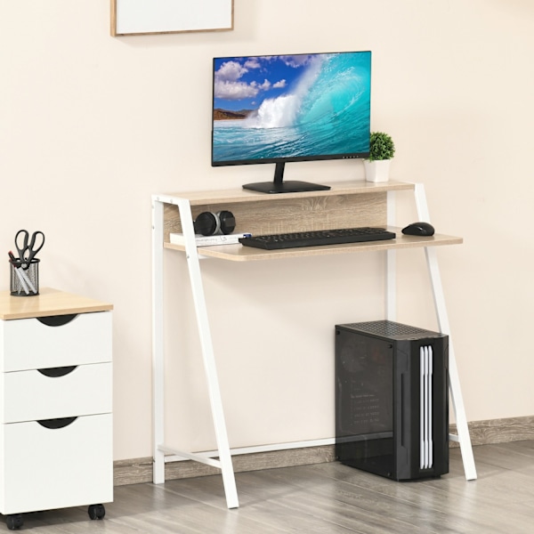 Skrivebord Moderne computerbord med opbevaringsrum og kabelgennemgang, metalstel, hvid + eg, 84x45x85cm