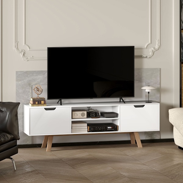 TV-kaappi, TV-taso televisioille 65 tuumaan asti, alhaalla 2 kaappia ja 2 hyllyä, TV-kaappi olohuoneeseen, 150 x 39 x 50 cm valkoinen