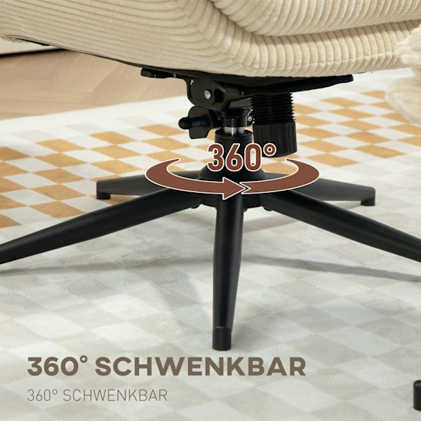 Afslapningsstol med skammel, 360° roterende tv-stol med lænefunktion, tv-stol med ledningslook, hvilestol til stue, soveværelse, beige