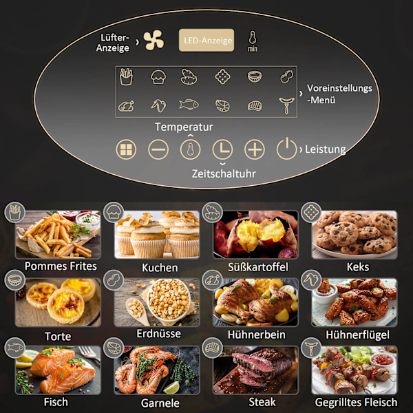 Varmluftsfritös 4L Airfryer med 12 program, 60 min timer, non-stick belagd korg, 1300W fritös utan olja, med överhettningsskydd, LED-pekskärm, svart