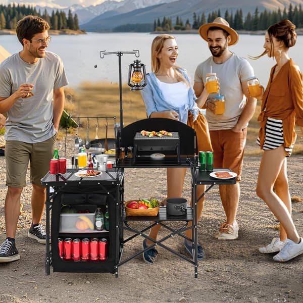 Campingköksbord med vindskydd, förvaring, bärväska