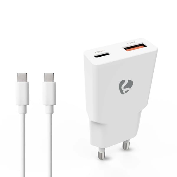 20W Dual GaN väggladdare, USB-A & USB-C, PD3.0, Vit