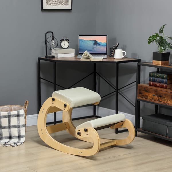 Ergonomisk knäböjd stol, justerbar björkträbas, krämfärgad