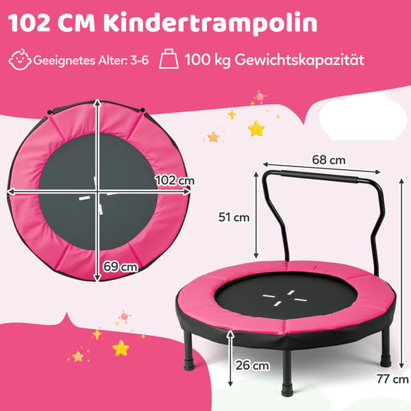 Barn inomhusstudsmatta med avtagbart handtag, 102 cm, rosa