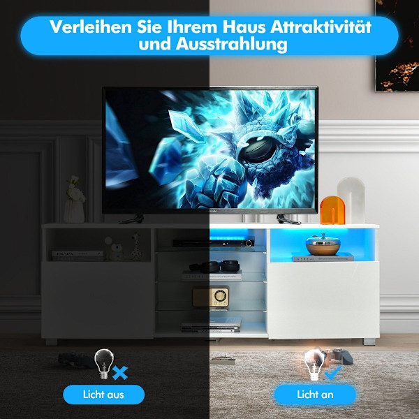 TV-kaappi LED-valolla ja 2 ovella ja säädettävät lasihyllyt TV-taso