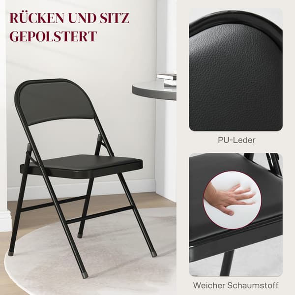 Sæt med 4 klapstole, bærbar kontorstol med hynde, stålben, klapstol til venteværelse til kontorreception, imiteret læder, sort
