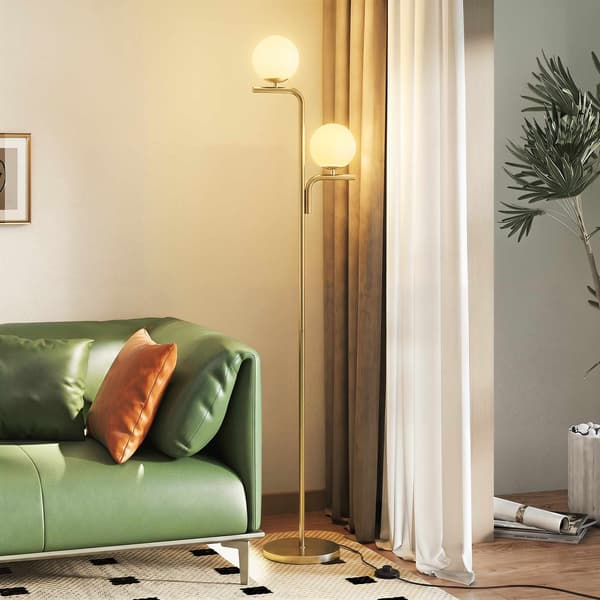LED-gulvlampe, 3 farvetemperaturer, glaskugler, guld