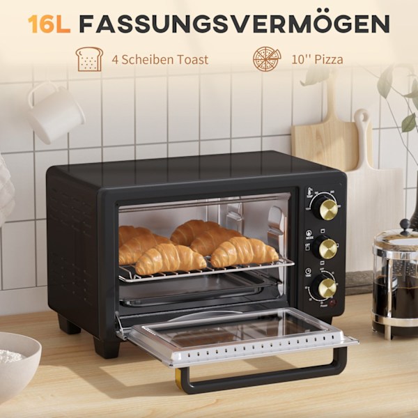Miniuuni 16 L 1400W Miniuuni 100-230? 60 min. ajastin, grilliritilällä ja uunipellillä, pizzauuni pellin kahvalla, murupelti musta
