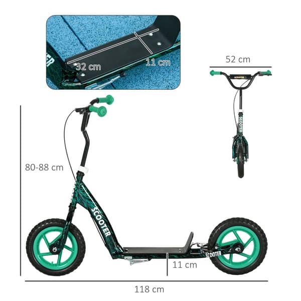Justerbar barnsparkcykel med broms, stativ, stål, grön