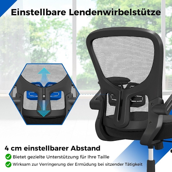 Ergonomisk kontorsstol med uppfällbara armstöd & justerbart svankstöd & vippfunktion