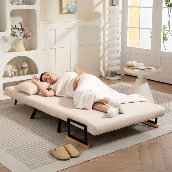 Konvertibel sammetsbäddsoffa med kuddar, beige