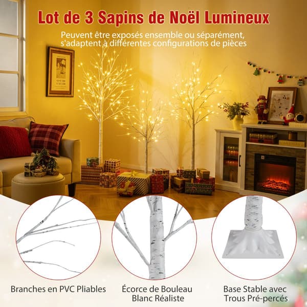 Förbelyst björkträdsset, 3-pack 120–180 cm, varma LED-lampor