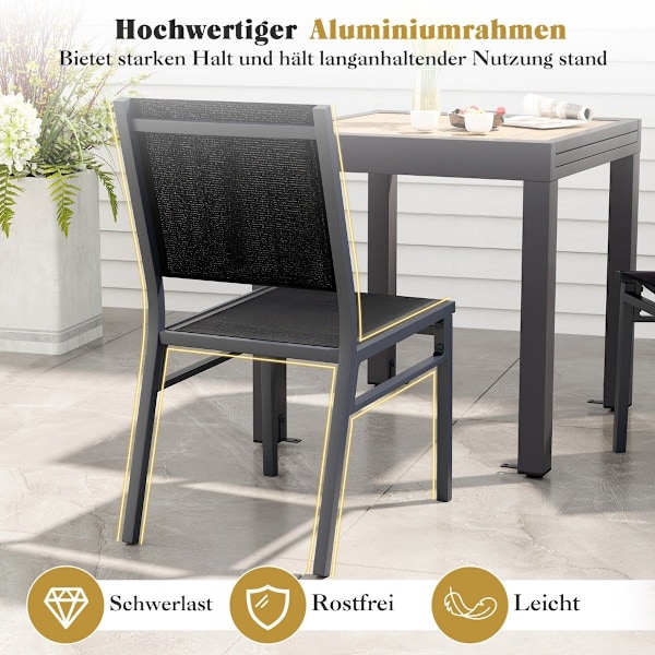 Puutarhatuoli alumiininen säänkestävä terassituoli hengittävällä istuimella ja selkänojalla 60 x 45 x 87 cm musta
