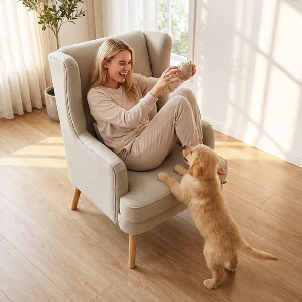Wingback-tuoli, pellavajäljitelmä beige, ristiselän tyyny