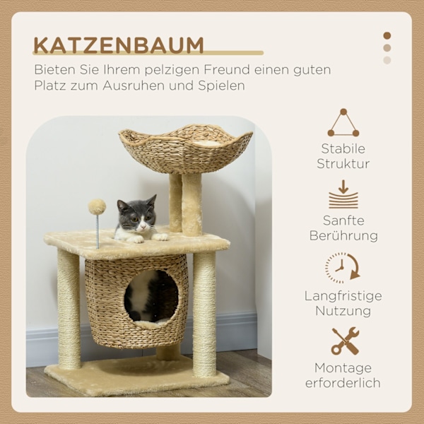 Liten kattskrapstolpe, 74 cm kattträd med kattgrotta, lekboll, klättertorn inomhus med säng, klösmöbler för katter upp till 5 kg, beige