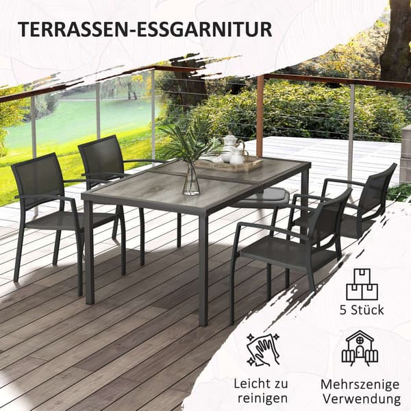 5-delt siddegruppe havemøbelsæt med 1 spisebord og 4 stabelbare stole, havemøbler til terrasse, mesh mørkegrå