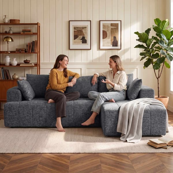Konvertibel L-formad chenillebäddsoffa med fotpall, grå