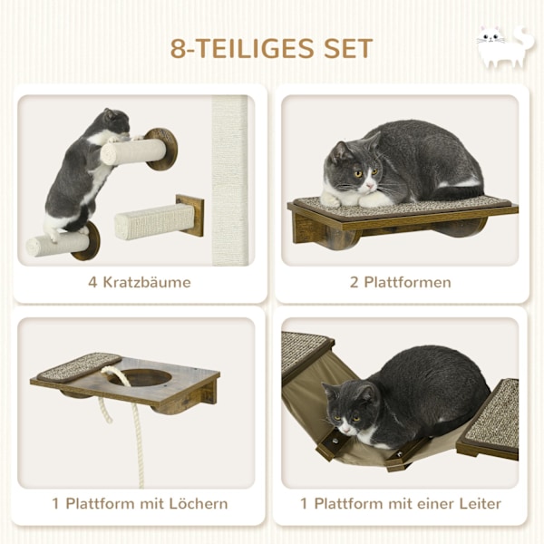 Kattklätterväggsset, 8 delar kattmöbel med skrapstolpar, sittpinnar, skrapbräda, katttrappa, sisal, brun
