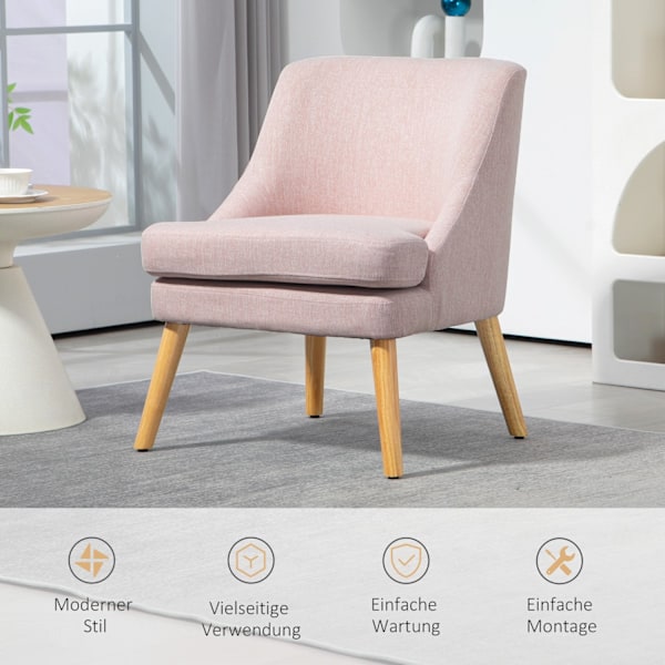 Fåtölj fåtölj med linnelook, armstöd, vadderad relaxstol med träben, för vardagsrum, sovrum, rosa