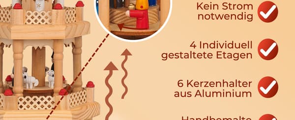 Roterbar julpyramid i trä med 3 våningar, 30 cm