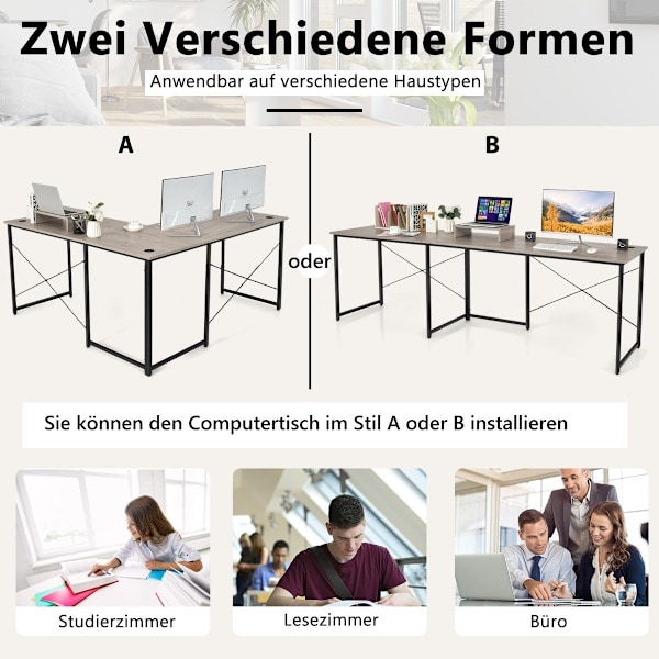 L-format skrivbord med monitorstativ & 3 kabelhål vändbart hörnskrivbord ljusgrå