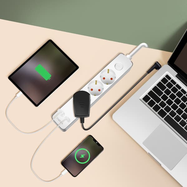 Strømskinne 3-vejs + USB-A/USB-C PD 20W, 1,4m, Hvid