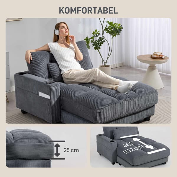 Bäddsoffa med mugghållare, djup sits, mörkgrå sladd