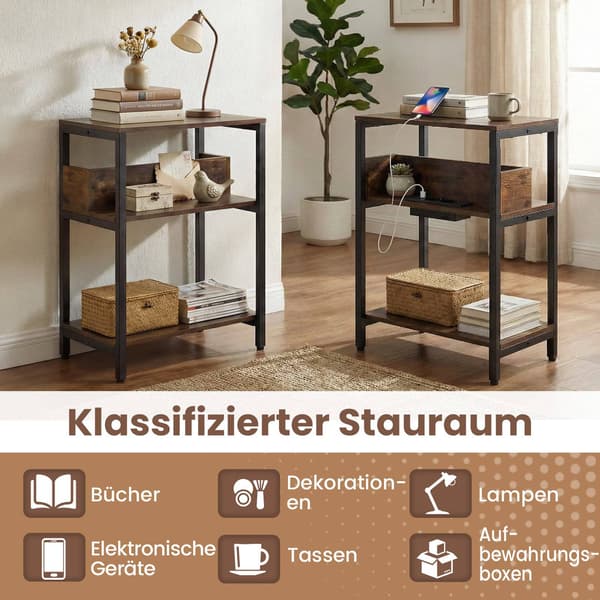 Sidebord med ladestation, 3-lags, rustik brun
