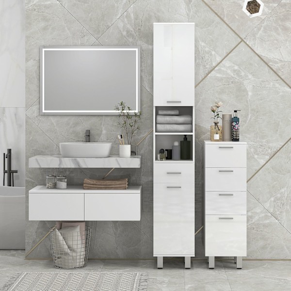 Smalt badeværelsesskab, toiletskab med justerbar hylde, 3 skuffer, badeværelsesskab til små rum badeværelse, stue 30 x 30 x 93 cm hvid |