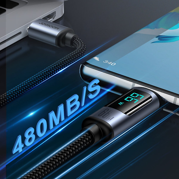 Kabel med LED-display USB-C - USB-A 66W 1,2m svart