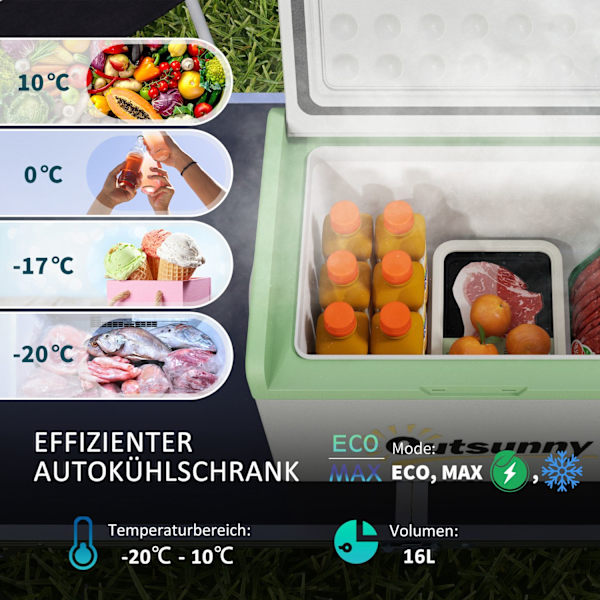 Kompressorkylbox 16L, kylbox bil 12/24V DC & 100-240V AC, upp till -20°C, portabel frysbox med MAX/ECO-lägen, minikylskåp