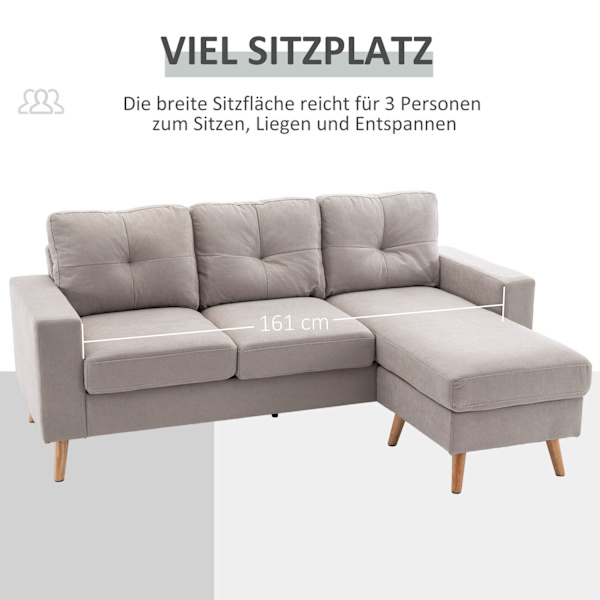 Hjørnesofa L-formet hjørnesofa, hjørnesæt, sofasæt med chaiselong til 3 personer, stofsofa til stue, lysegrå