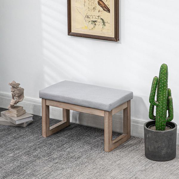 Fotpall Med Linnelook, Pall Med Träben, Entrébänk För Vardagsrum, Sovrum, Grå, 68 X 38 X 42 Cm
