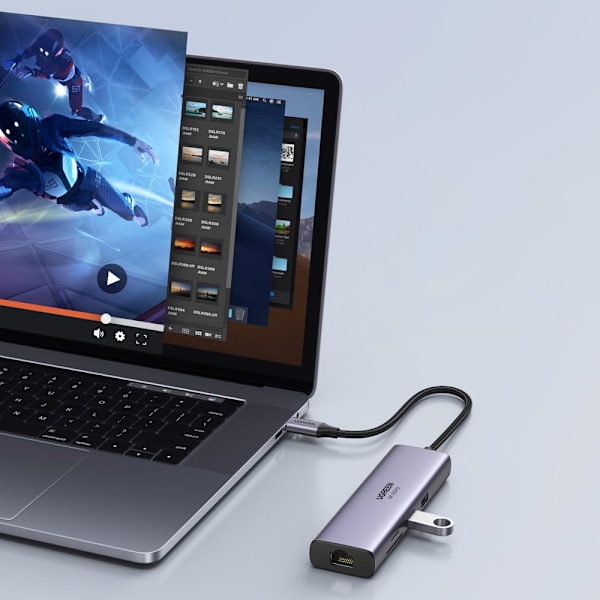 7in1 monitoiminen USB-C HUB - 2x USB HDMI 4K SD ja TF-kortinlukija USB-C RJ45 1Gbps harmaa