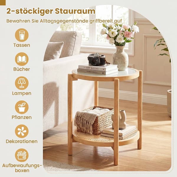 Boho-pyöreä sivupöytä karkaistulla lasikannella, luonnonvärinen