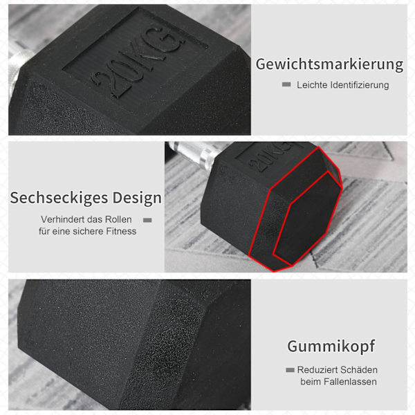 Kuusikulmainen Käsipaino, 20 Kg, Valurauta Kumipäällysteellä, Musta