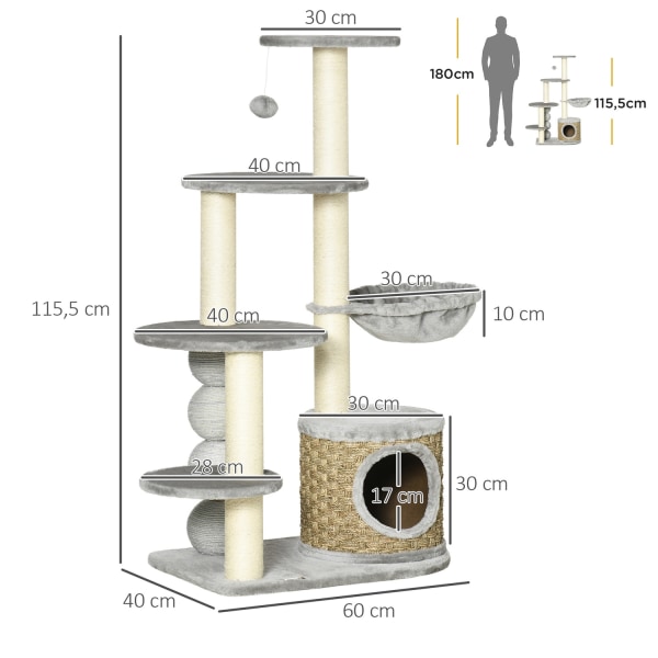 Skrapstolpe 115,5 Cm Kattträd Med Kattgrotta & Hängmatta, Jutest