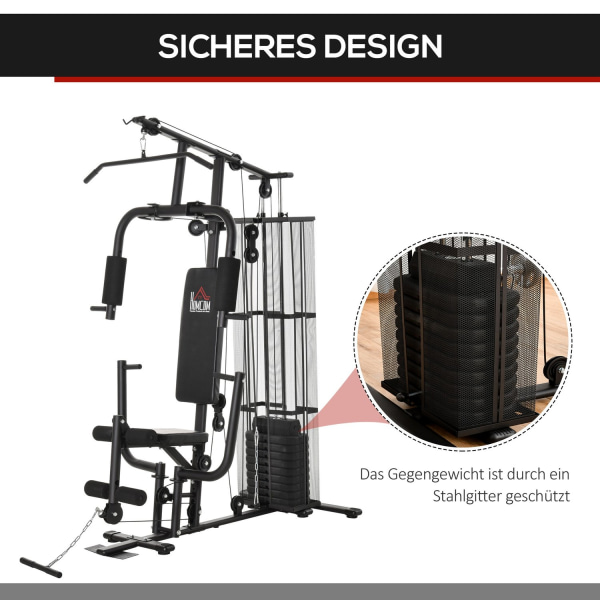Gym Multigym Fitnessstation Multigym Med Vægte, Lat Pull-Down & Leg Curl, Metal & Pu Syntetisk Læder, Sort